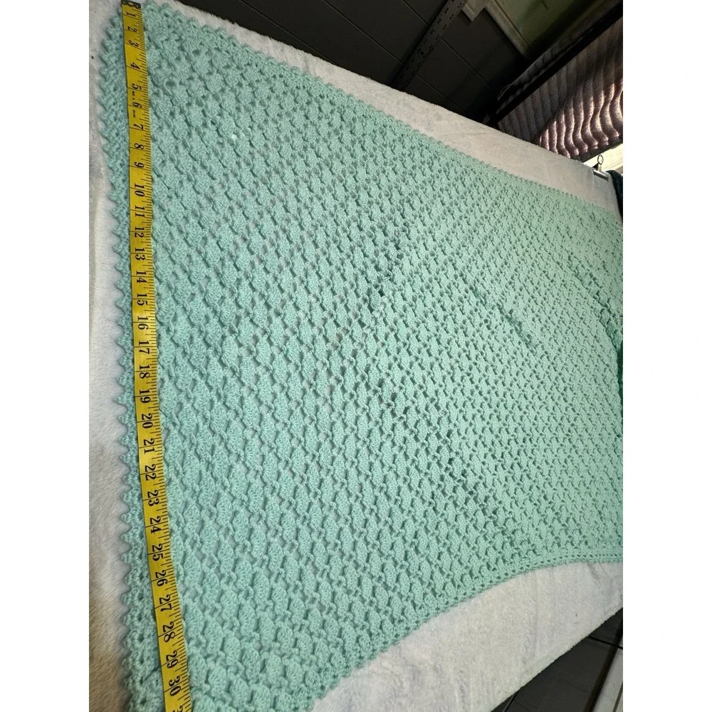 Vintage Aqua Hand Crocheted Soft Knitted Baby Blanket Throw Afghan Unisex 34x44